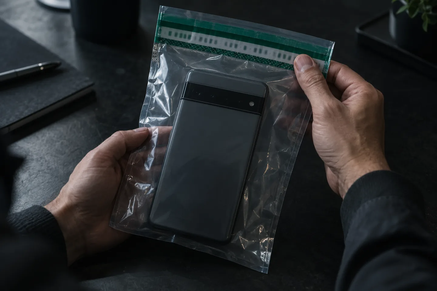 Manos comprobando el precinto de una bolsa de seguridad antes de abrirla